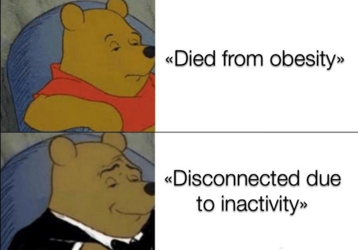 Died from obesity Disconnected due to inactivity