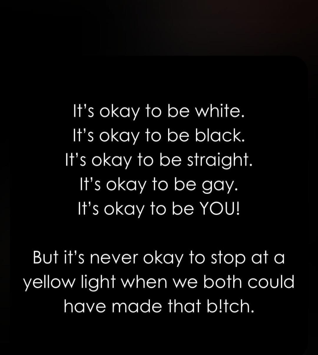 It's okay to be white.
It's okay to be black.
It's okay to be straight.
It's okay to be gay.
It's okay to be YOU!

But it's never okay to stop at a
yellow light when we both could
have made that b!tch.