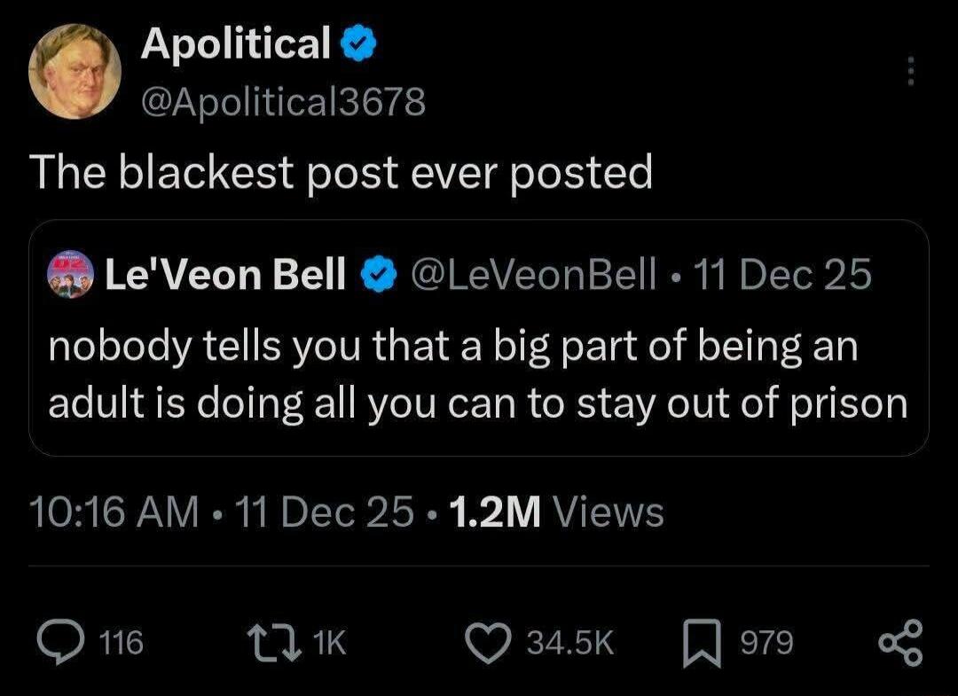 Apolitical @Apolitical3678 The blackest post ever posted Le'Veon Bell @LeVeonBell nobody tells you that a big part of being an adult is doing all you can to stay out of prison 10:16 AM • 11 Dec 25 • 1.2M Views