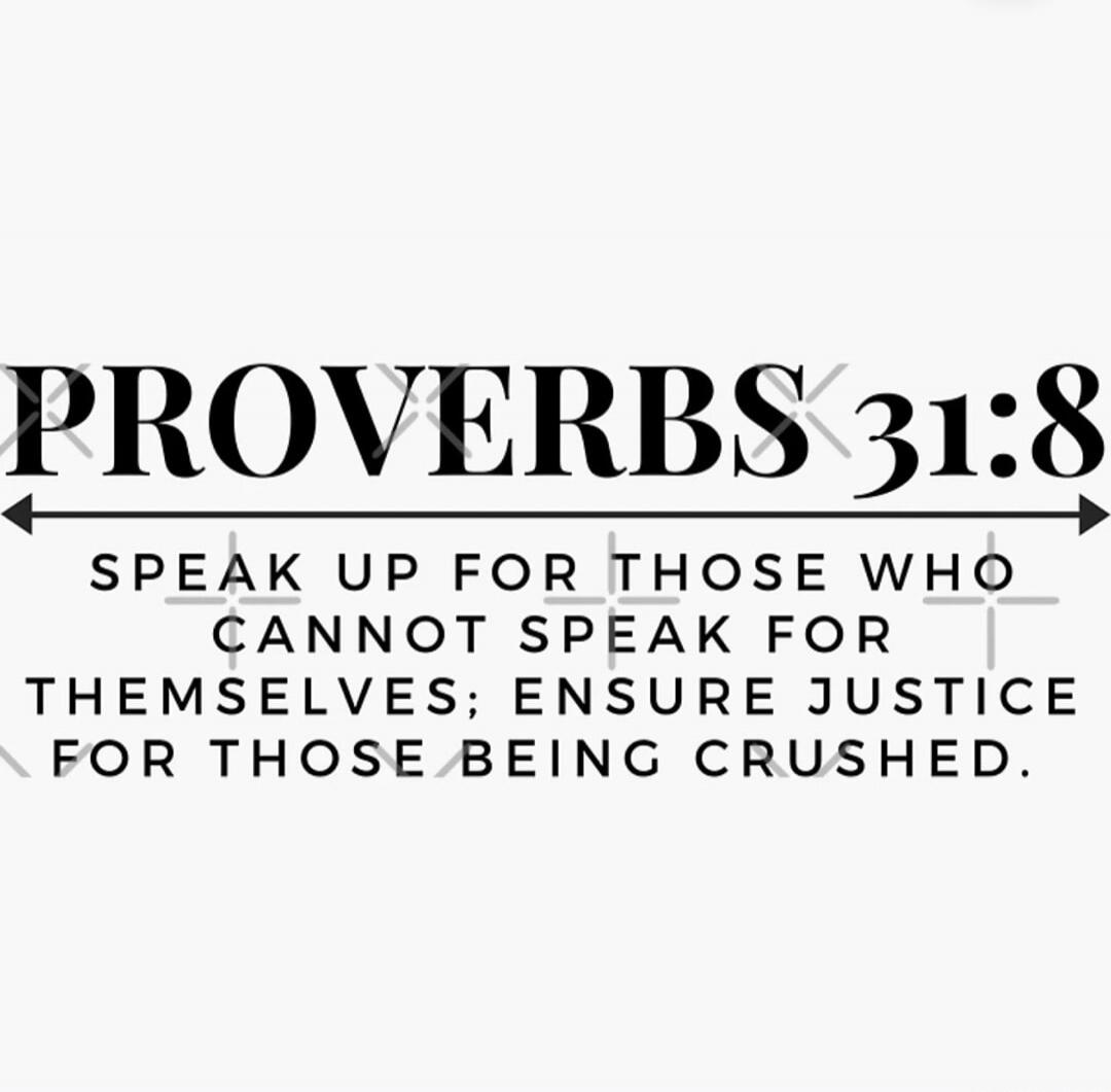 PROVERBS 31:8 SPEAK UP FOR THOSE WHO CANNOT SPEAK FOR THEMSELVES; ENSURE JUSTICE FOR THOSE BEING CRUSHED.