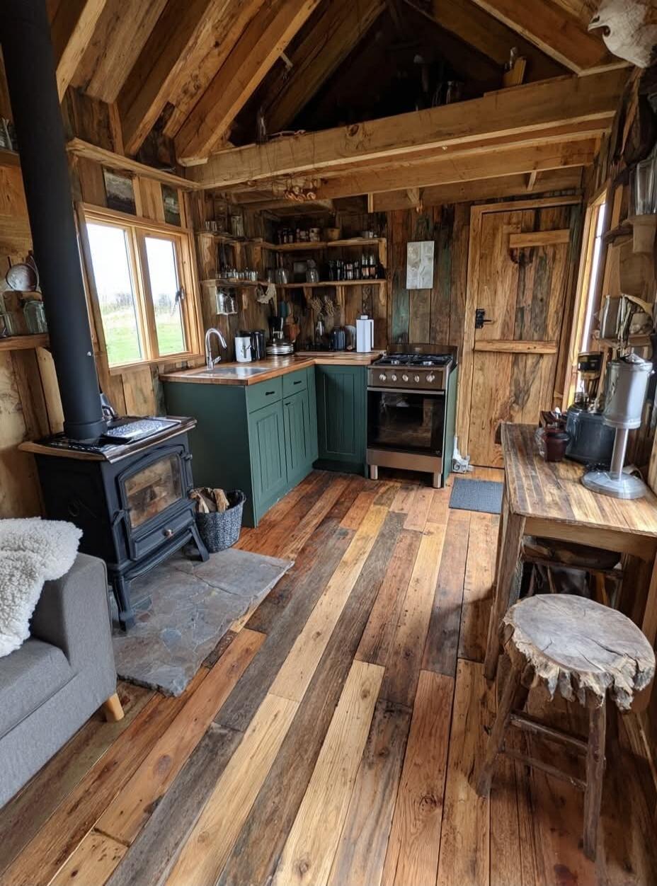 A rustic cabin kitchen. Left side features a black wood stove with a tall chimney pipe. Green lower cabinets line the back wall beneath a wooden countertop with a sink. Open wooden shelves hold jars, mugs, and kitchenware. A stainless steel oven/range sits against the back wall. Warm, wide plank wood floors run through the room with exposed beams i