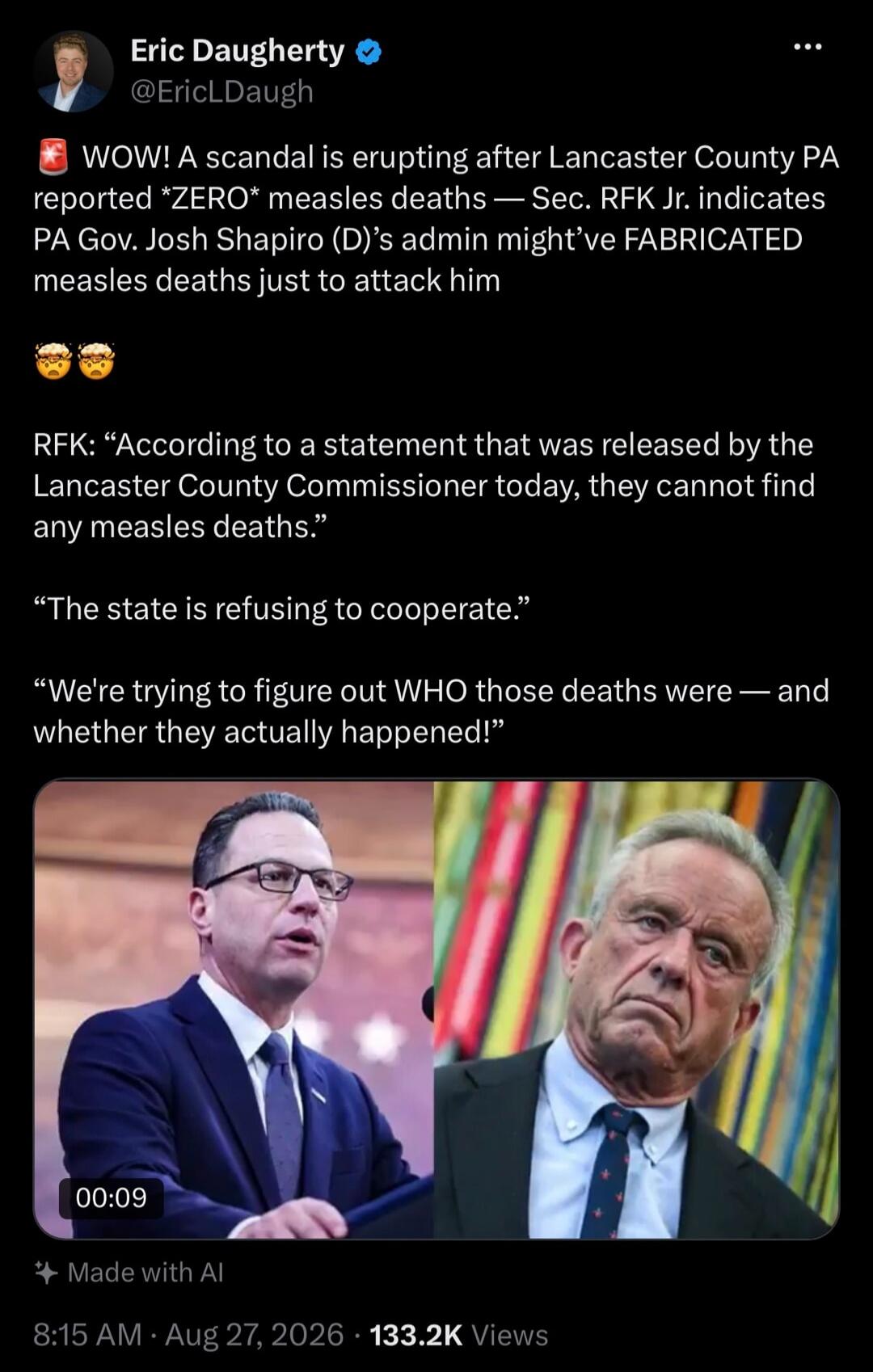 WOW! A scandal is erupting after Lancaster County PA reported *ZERO* measles deaths — Sec. RFK Jr. indicates PA Gov. Josh Shapiro (D)'s admin might've FABRICATED measles deaths just to attack him. RFK: 