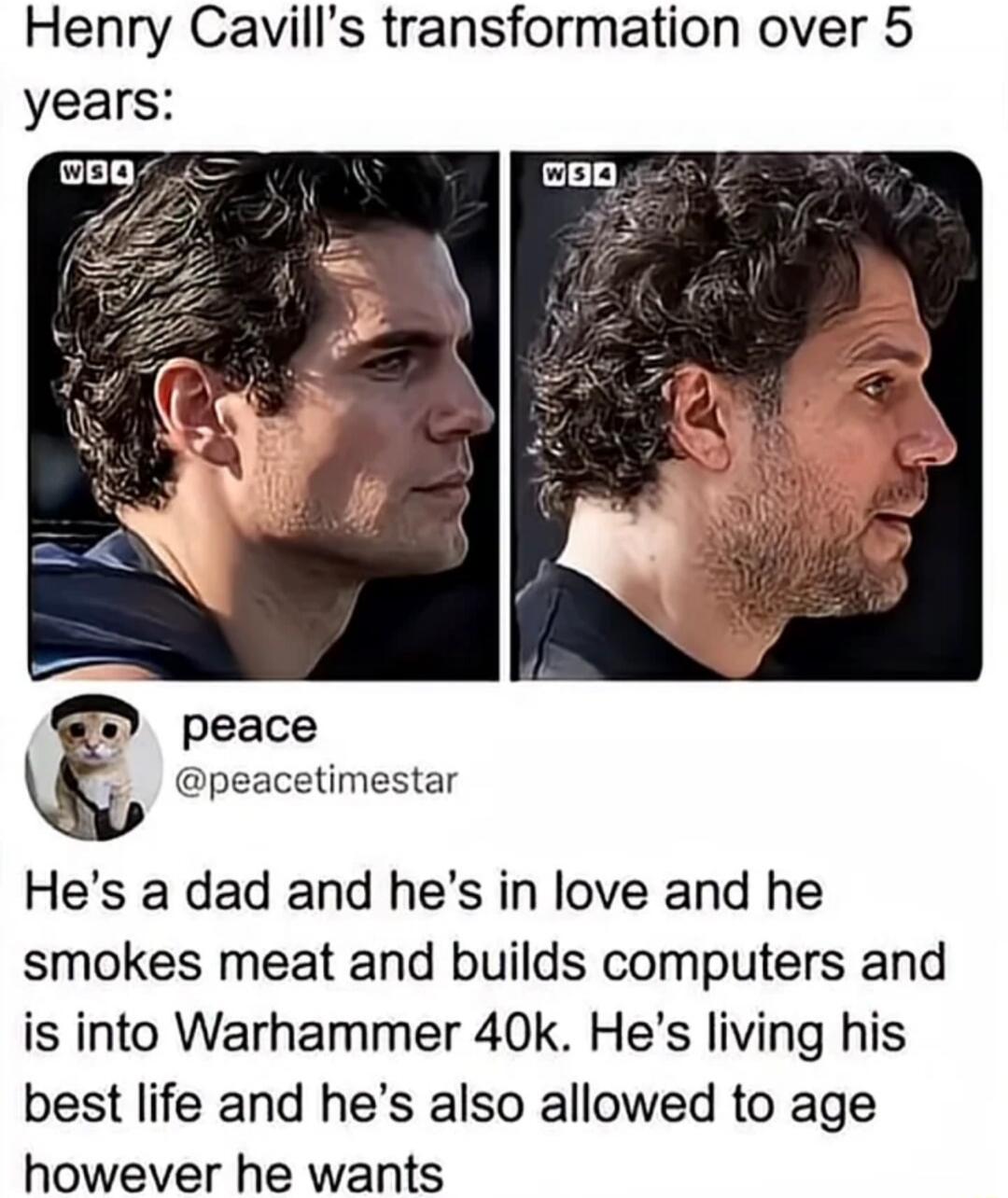 Henry Cavill's transformation over 5 years: He's a dad and he's in love and he smokes meat and builds computers and is into Warhammer 40k. He's living his best life and he's also allowed to age however he wants