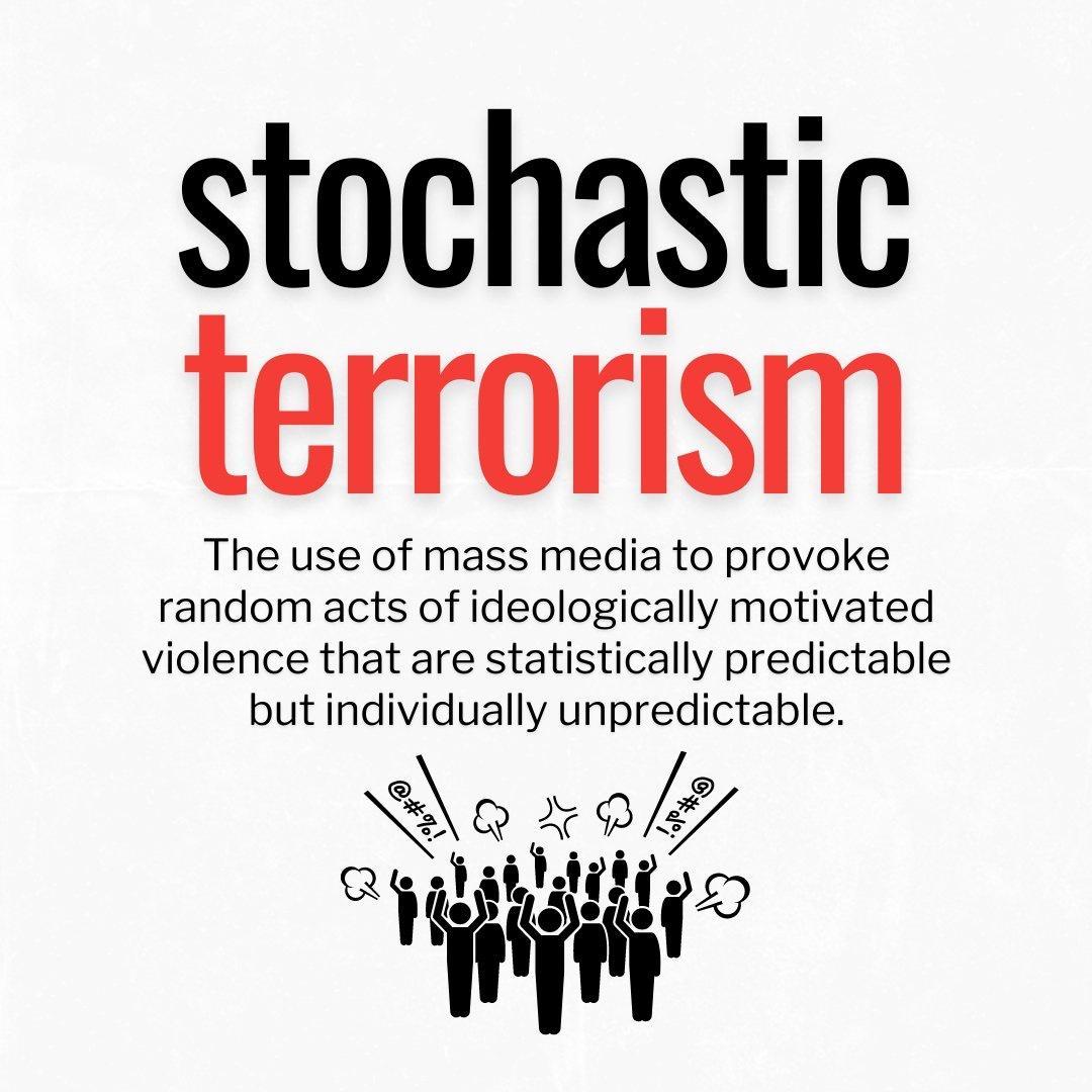 stochastic terrorism The use of mass media to provoke random acts of ideologically motivated violence that are statistically predictable but individually unpredictable No x 0k i