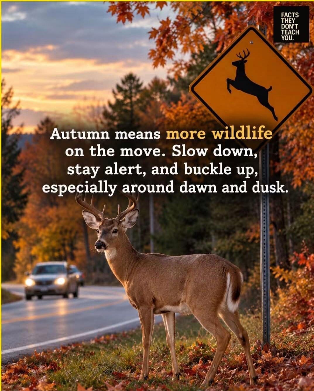 FACTS THEY DON'T TEACH YOU. Autumn means more wildlife on the move. Slow down, stay alert, and buckle up, especially around dawn and dusk.