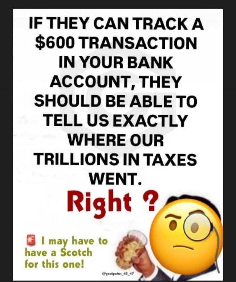 IF THEY CAN TRACK A $600 TRANSACTION IN YOUR BANK ACCOUNT, THEY SHOULD BE ABLE TO TELL US EXACTLY WHERE OUR TRILLIONS IN TAXES WENT. Right ? I may have to have a Scotch for this one!