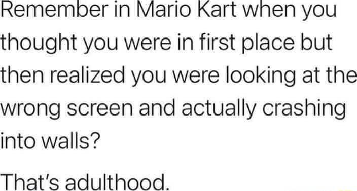 rRememper In Mario Kart when you thought you were in first place but then realized you were looking at the wrong screen and actually crashing into walls Thats adulthood