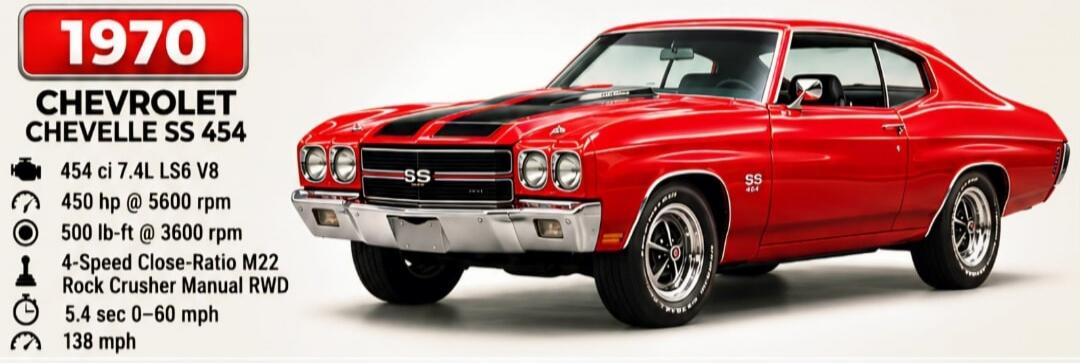 1970 Chevrolet Chevelle SS 454. Specifications: 454 ci 7.4L LS6 V8, 450 hp @ 5600 rpm, 500 lb-ft @ 3600 rpm, 4-Speed Close-Ratio M22 Rock Crusher Manual RWD, 5.4 sec 0-60 mph, 138 mph.