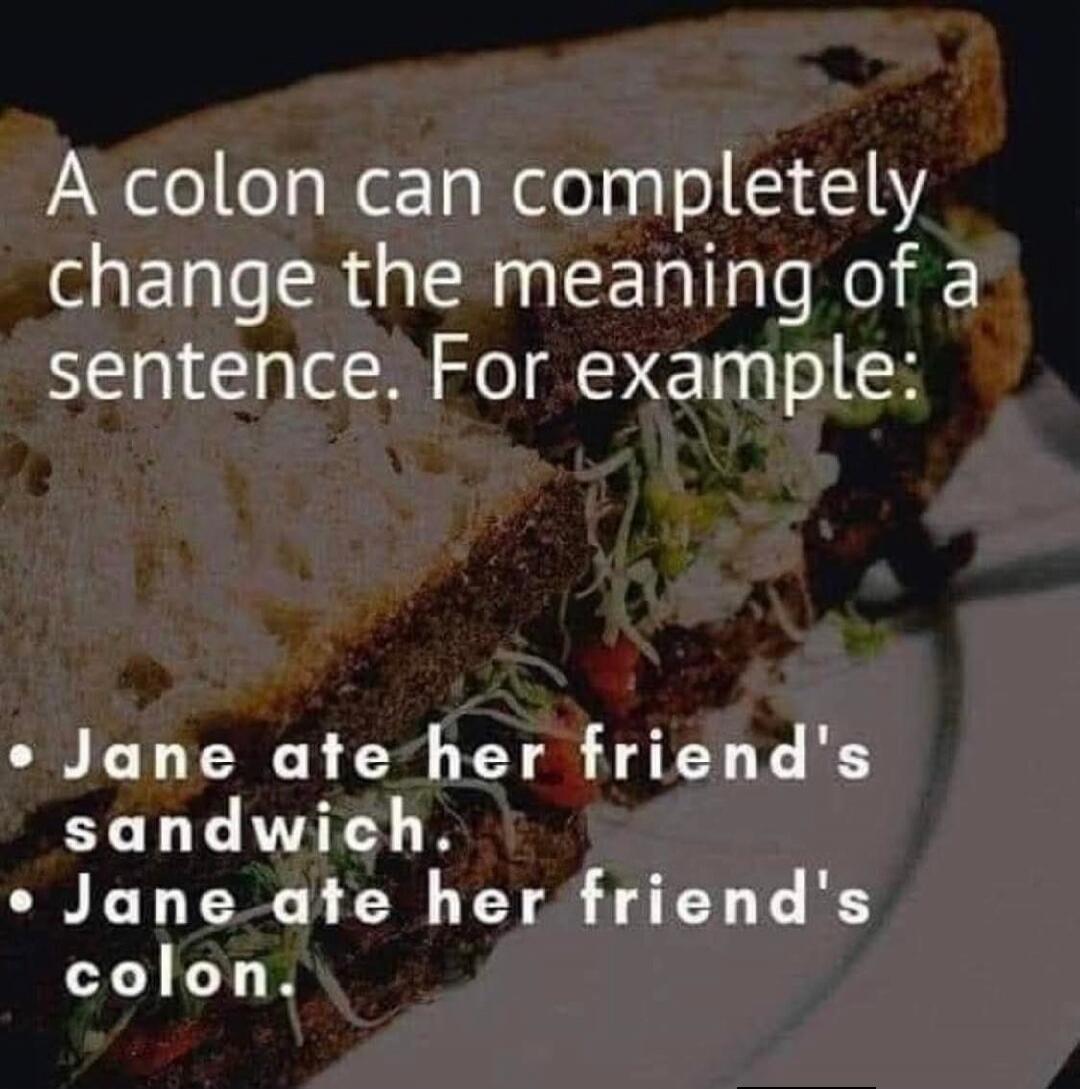 A colon can completely change the meaning of a sentence. For example: Jane ate her friend's sandwich. Jane ate her friend's colon.