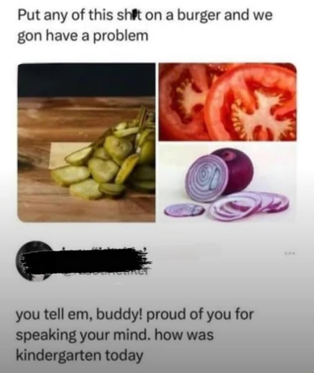 Put any of this shit on a burger and we gon have a problem

[images of pickles, tomatoes, and onions]

you tell em, buddy! proud of you for speaking your mind. how was kindergarten today