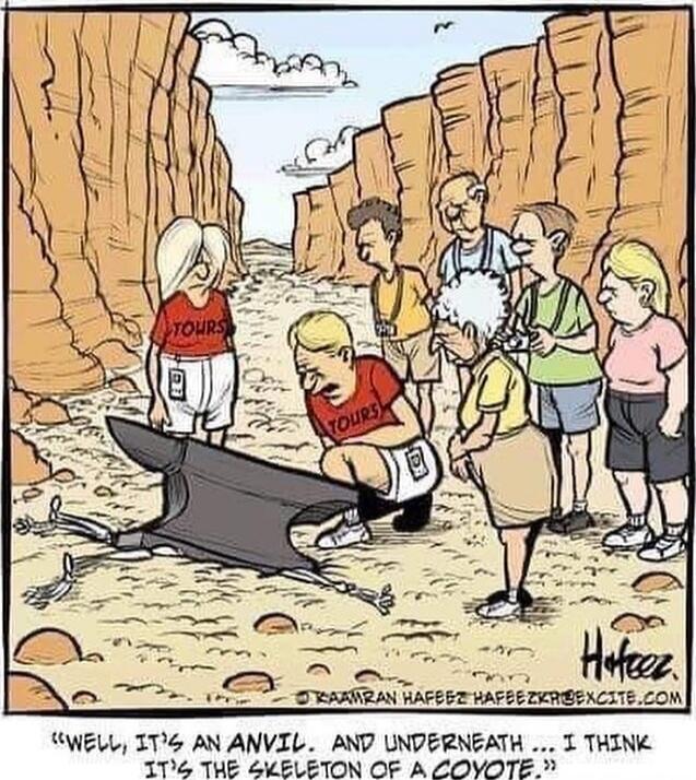 Well, it's an anvil. And underneath... I think it's the skeleton of a coyote...  (on shirts: TOURS)