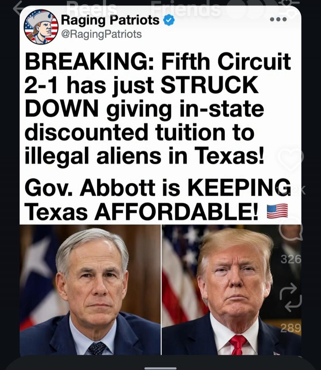 BREAKING: Fifth Circuit 2-1 has just STRUCK DOWN giving in-state discounted tuition to illegal aliens in Texas! Gov. Abbott is KEEPING Texas AFFORDABLE!