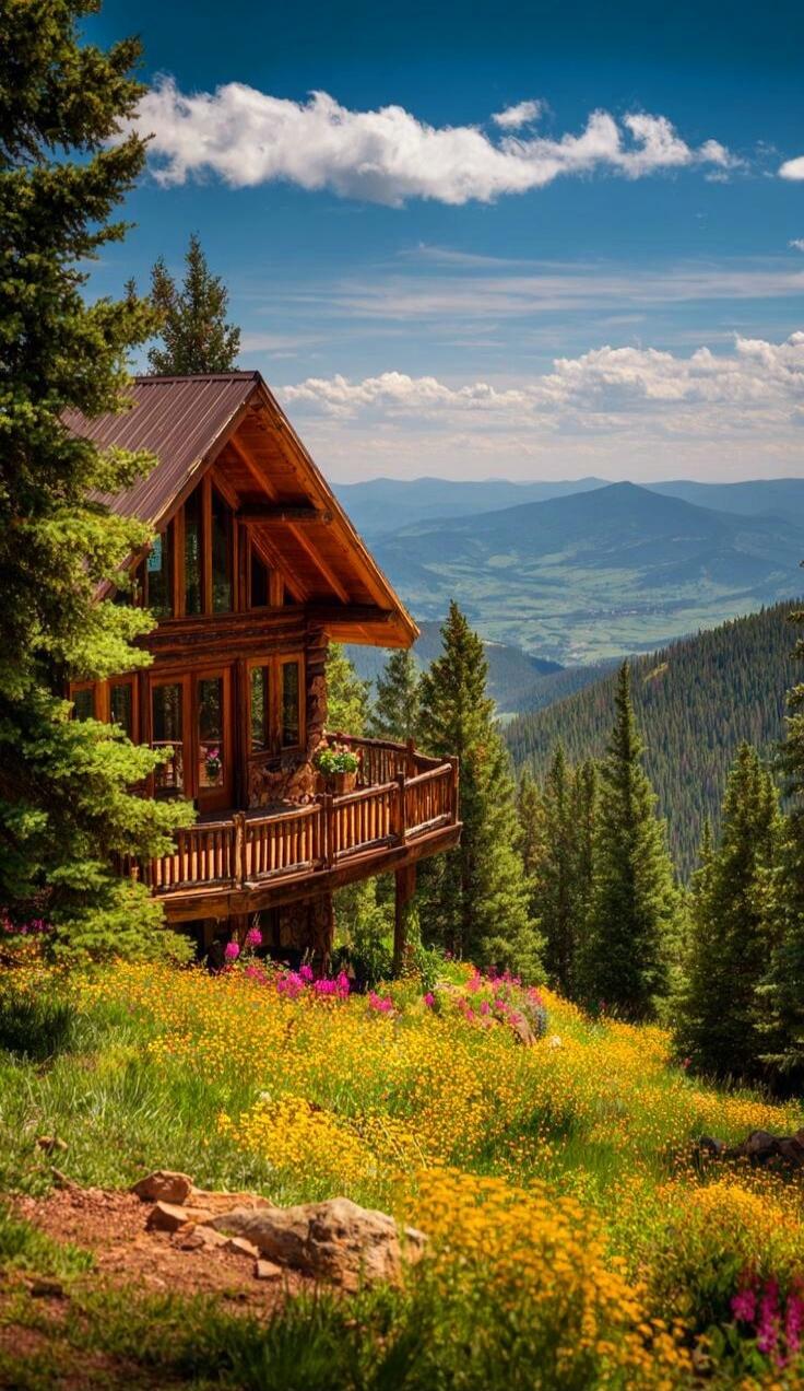 A wooden cabin on a mountain slope surrounded by wildflowers with a scenic valley and forests.
