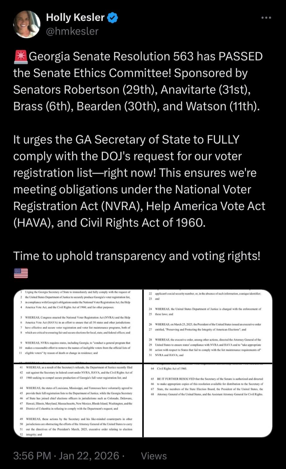 Georg ia Senate Resolution 563 has PASSED the Senate Ethics Committee! Sponsored by Senators Robertson (29th), Anavitarte (31st), Brass (6th), Bearden (30th), and Watson (11th). It urges the GA Secretary of State to FULLY comply with the DOJ's request for our voter registration list—right now! This ensures we're meeting obligations under the Nation