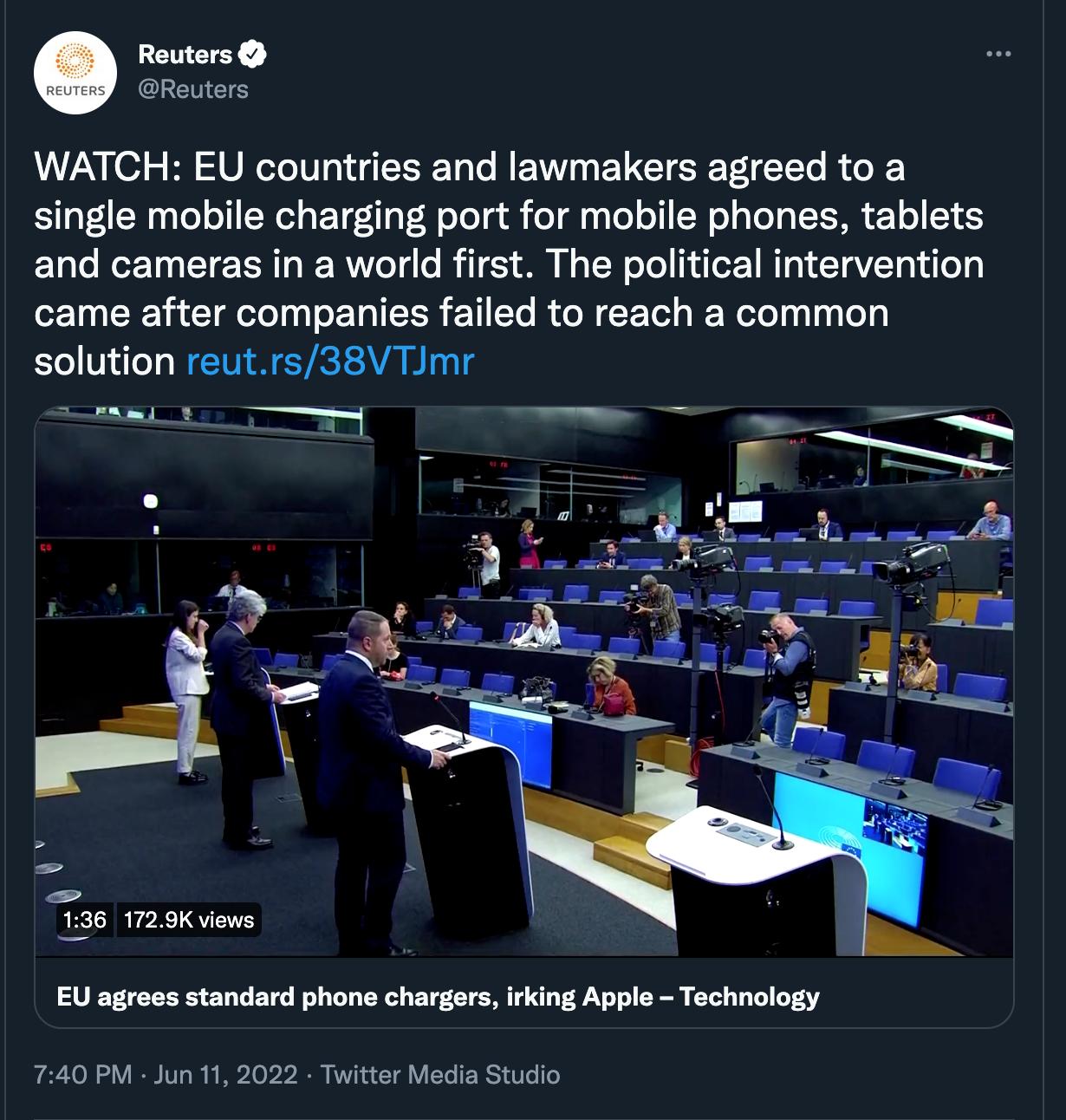 Reuters R EETE L Z2Y 13 5 B ReTeT0 01 g STSEET o Lo MWV L GTE R To ToTo B o I S 1aTA N g To oY Wel gF Tg Ao R eTo g o o g 3 To We pToT TTSR 21 o 15 1alo Wor T0a T TSRT W MVTo T o o I8 151 O8N N o T N o Yol uez 1 M1 o T aToVd oy 1 g Y R Tl ol 1T o T QI IETH 211 To I do W Pl o JEWeto 14114 To g solution reutrs38VTJmr v 7 I 36 1729K views EU agrees standard phone chargers irking Apple Technology AT I