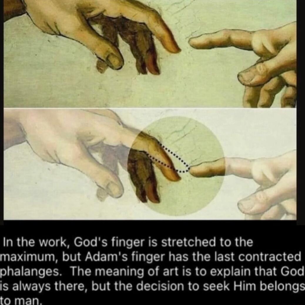 In the work Gods finger is stretched to the naximum but Adams finger has the last contracted SEIERT O L R EE DL R E TR ER GRS GIETRRGE I elele SEIVEIER QTN VR G ER EEEL LR G T BTG T