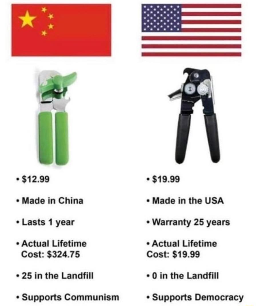 1299 Made in China Lasts 1 year Actual Lifetime Cost 32475 25in the Landfill Supports Communism Made in the USA Warranty 25 years Actual Lifetime Cost 1999 0 in the Landfill Supports Democracy