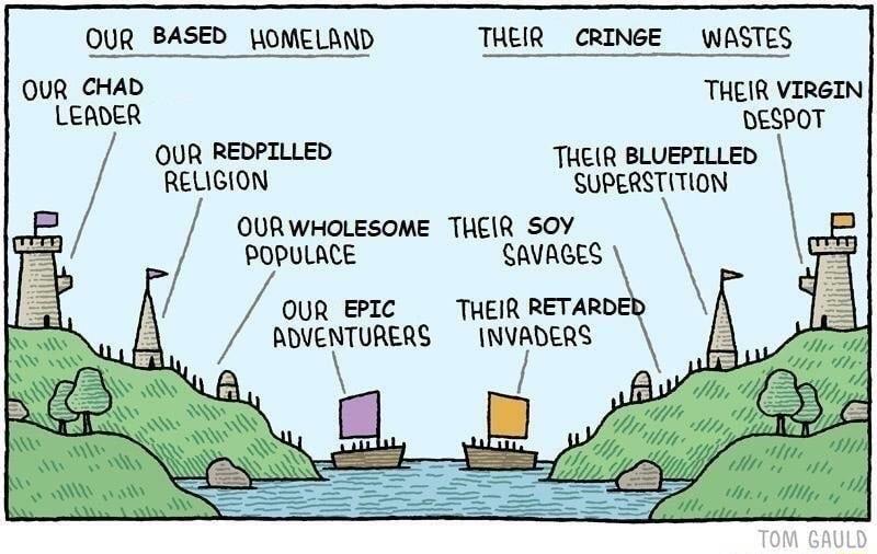 OUR BASED WOMELAND THEIR CRINGE _ WASTES OUR GHAD THEIR VIRGIN LEADER DESPOT ouR RevPILLED THEIR BLUEPILLED S SUPERSTITION ouRwroLesome THeIR Sov POPULACE SAVAGES OUR EPIC THEIR RETAR B4 auvuunws INVADERS