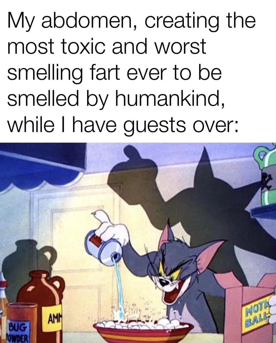 My abdomen creating the most toxic and worst smelling fart ever to be smelled by humankind while have guests over