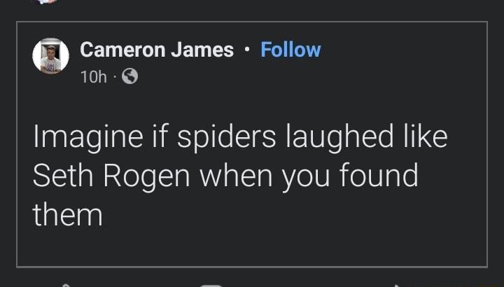 e21 T L INED FER 10h Q Imagine if spiders laughed like Seth Rogen when you found them