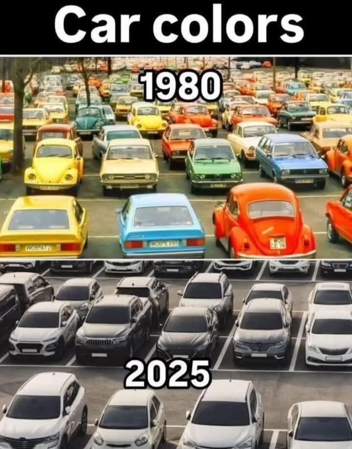 Car colors 1980. Car colors 2025. The image shows a comparison of car colors in a parking lot from 1980, featuring many brightly colored vehicles, versus 2025, showing mostly monochrome cars (black, white, grey).