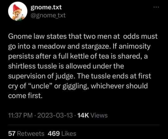 gnometxt gnome txt N EIER EICE GEI TN I LR T go into a meadow and stargaze If animosity persists after a full kettle of tea is shared a shirtless tussle is allowed under the supervision of judge The tussle ends at first cry of uncle or giggling whichever should come first 1137 PM 2023 03 13 14K Views 57 Retweets 469 Likes
