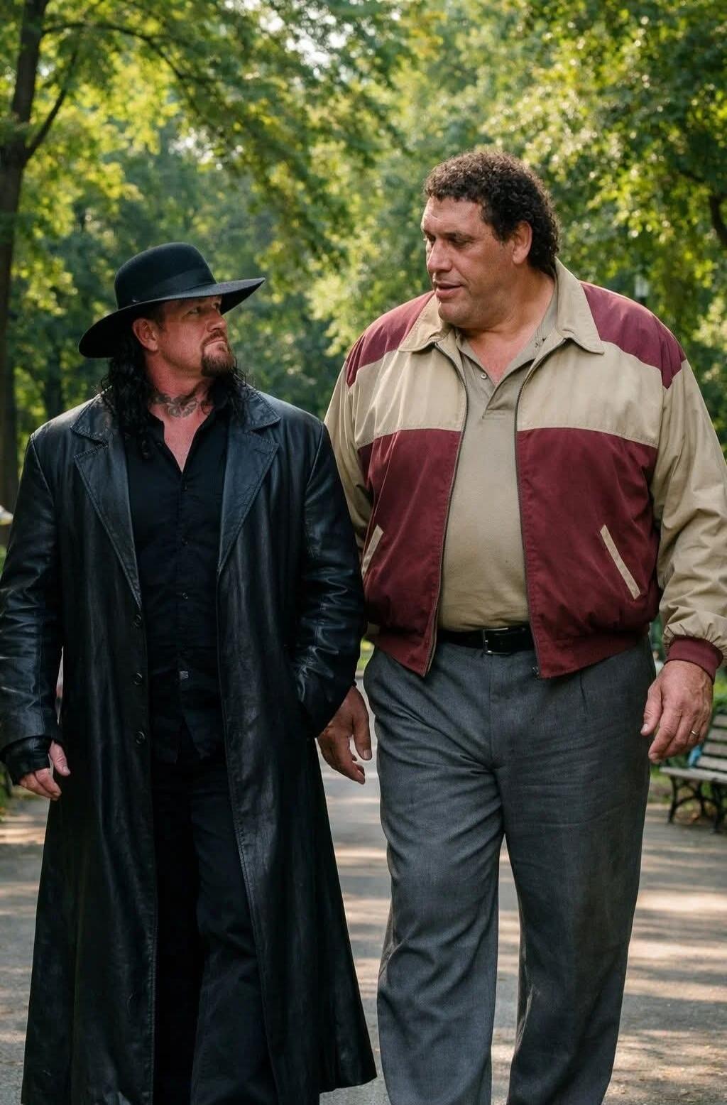 Two men walking in a park.