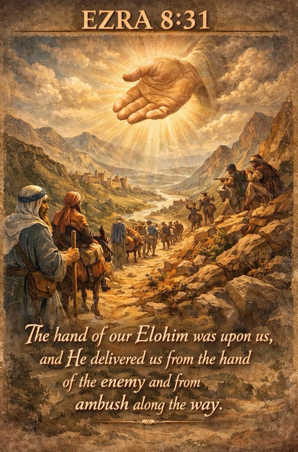 EZRA 8:31 The hand of our Elohim was upon us, and He delivered us from the hand of the enemy and from ambush along the way.