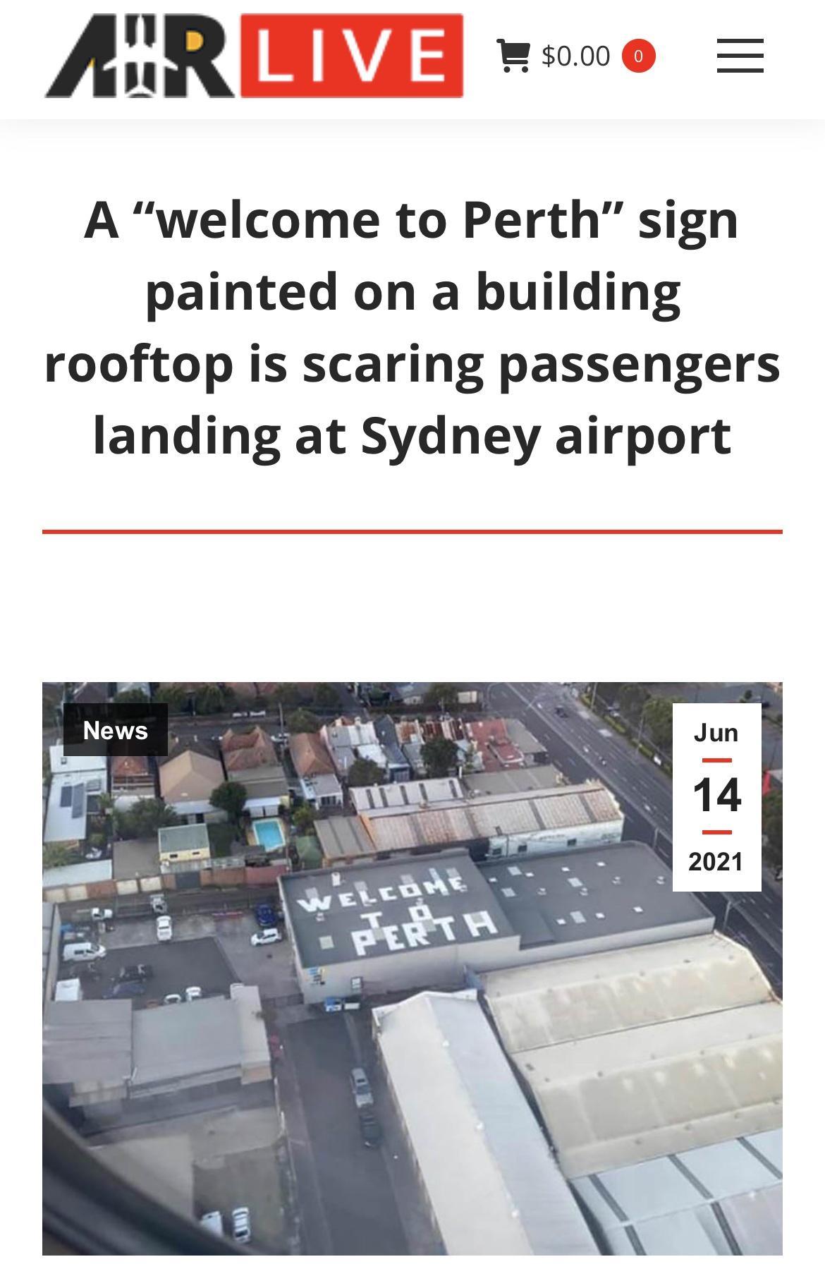 n 000 A 000 A welcome to Perth sign painted on a building rooftop is scaring passengers landing at Sydney airport