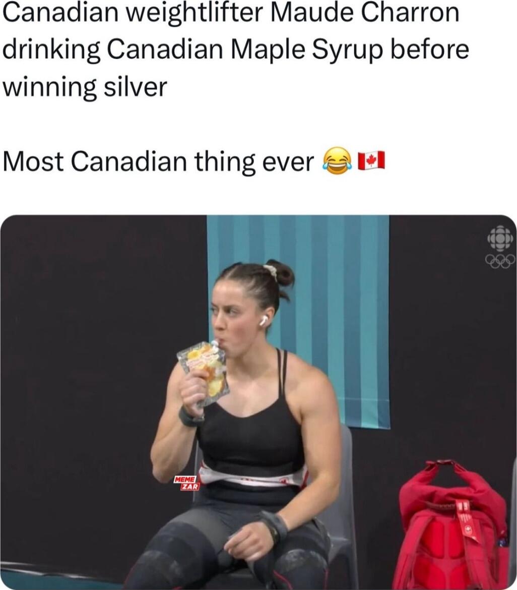 Canadian weightlifter Maude Charron drinking Canadian Maple Syrup before winning silver Most Canadian thing ever
