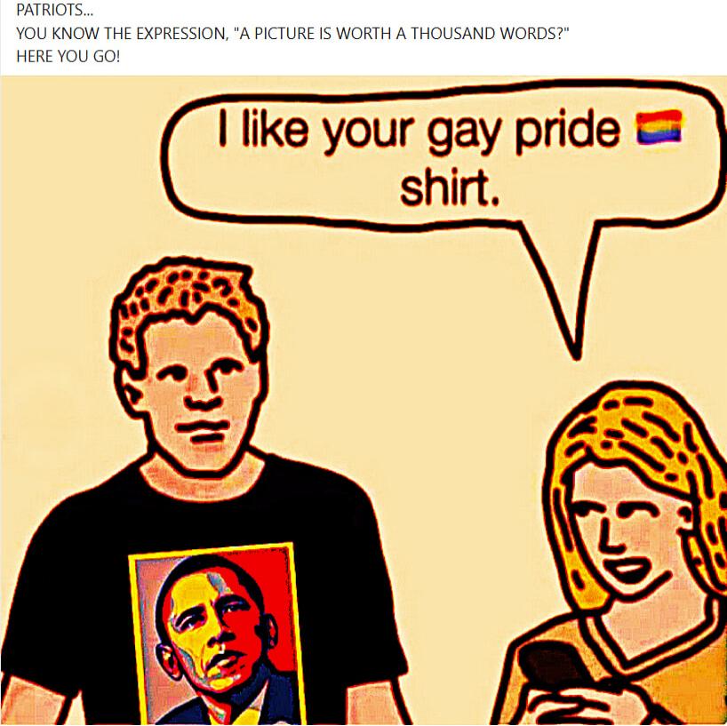 PATRIOTS... YOU KNOW THE EXPRESSION, 'A PICTURE IS WORTH A THOUSAND WORDS?' HERE YOU GO!
I like your gay pride shirt.