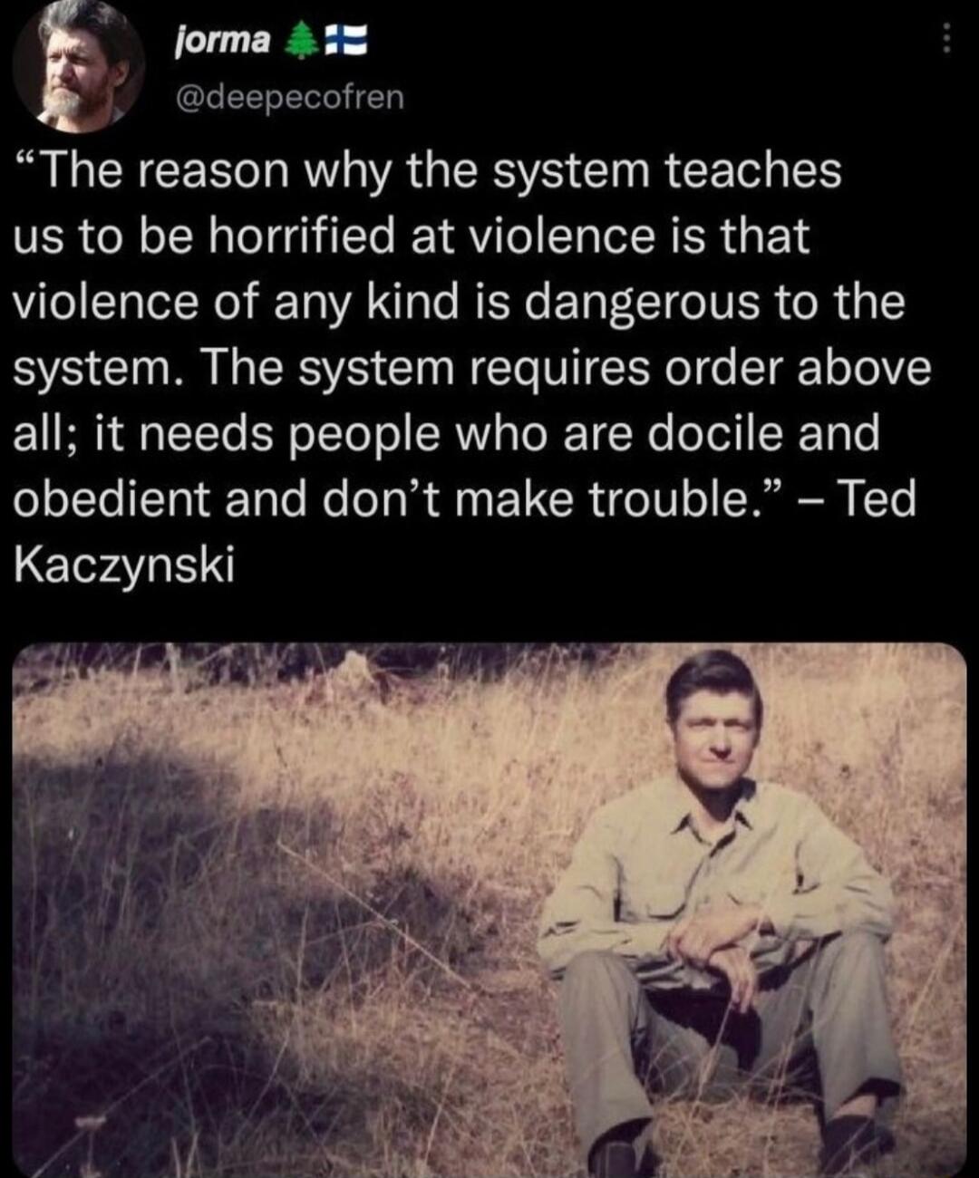 jorma 432 deepecofren LR RV RV VR GRSV Gl REET I us to be horrified at violence is that violence of any kind is dangerous to the system The system requires order above all it needs people who are docile and obedient and dont make trouble Ted Kaczynski