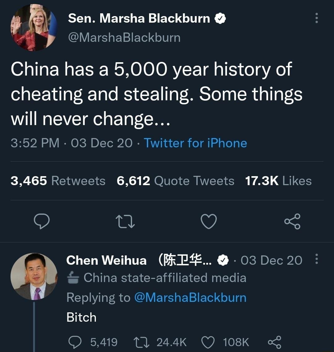 Sen Marsha Blackburn i MarshaBlackburn China has a 5000 year history of cheating and stealing Some things will never change IRV Y RN O KR DITol2d O I KVl N 4 1 o daTela L 3465 Retweets 6612 Quote Tweets 173K Likes 0 v o Chen Weihua PFIfE 03 Dec 20 China state affiliated media Replying to MarshaBlackburn Bitch QI TR A 71 G QI 0 S