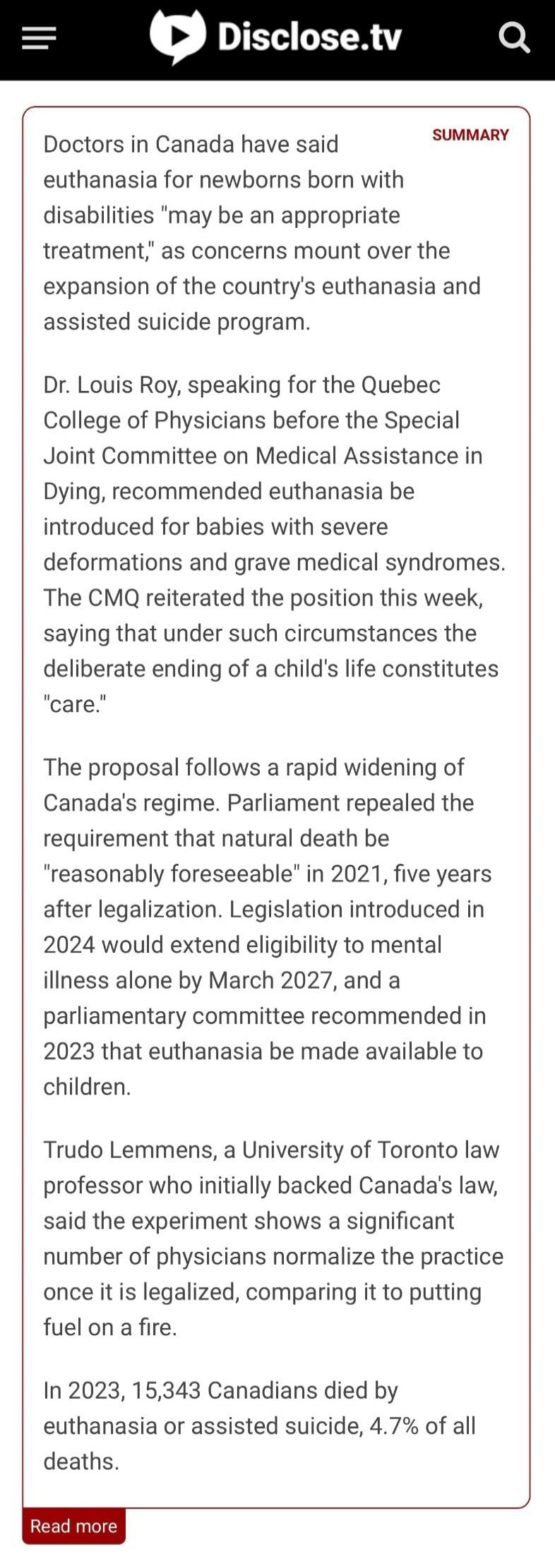 Doctors in Canada have said euthanasia for newborns born with disabilities 