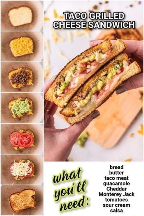 bread butter taco meat guacamole Cheddar Monterey Jack tomatoes sour cream salsa