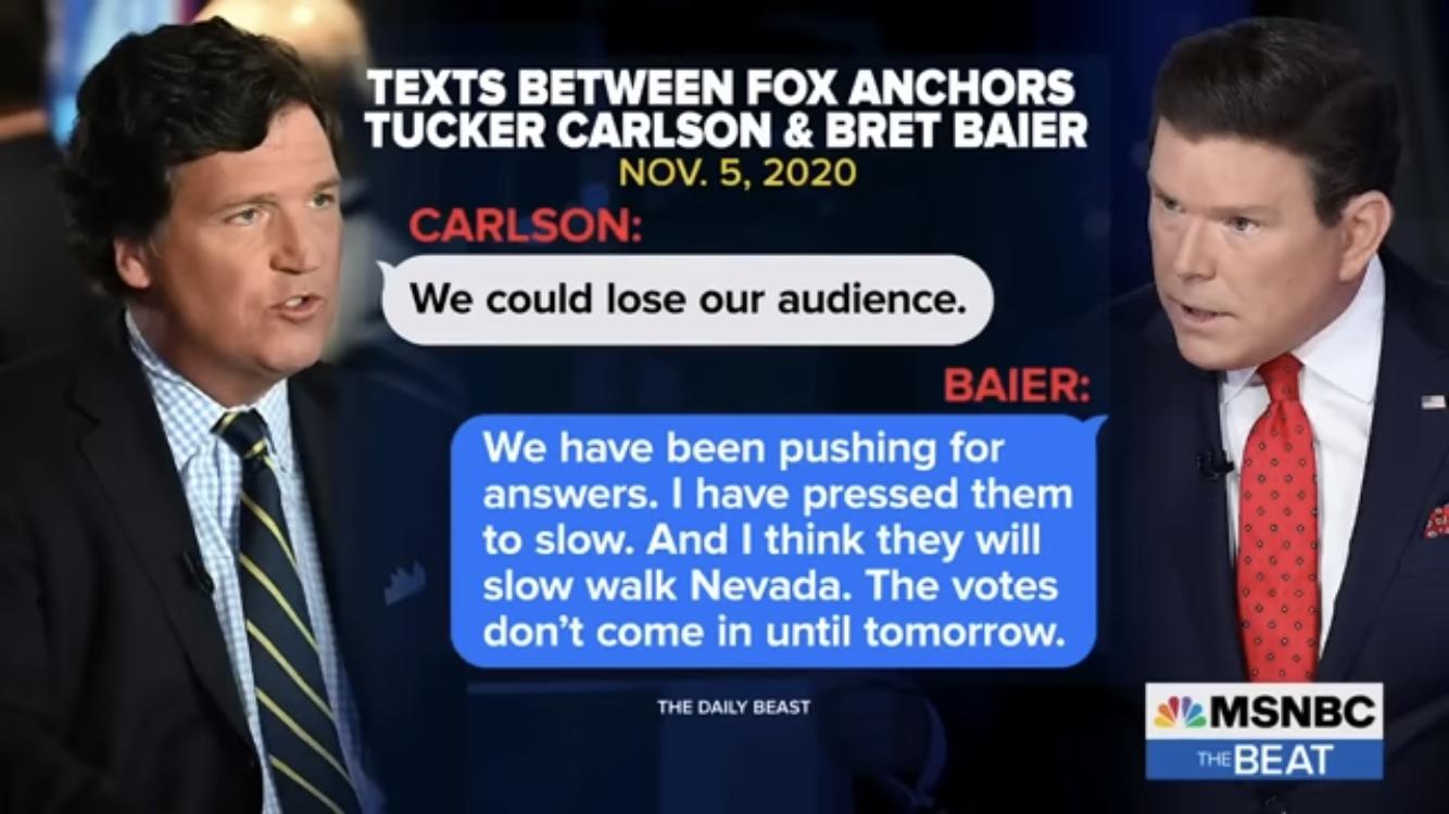 YIXTS BETWEEN FOX ANCHORS TUCKER CARLSON BRET BAIER NOV 5 2020 auLsoN We could lose our audience BAIER We have been pushing for answers have pressed them 1o slow And think they will slow walk Nevada The votes dont come in until tomorrow BEAT