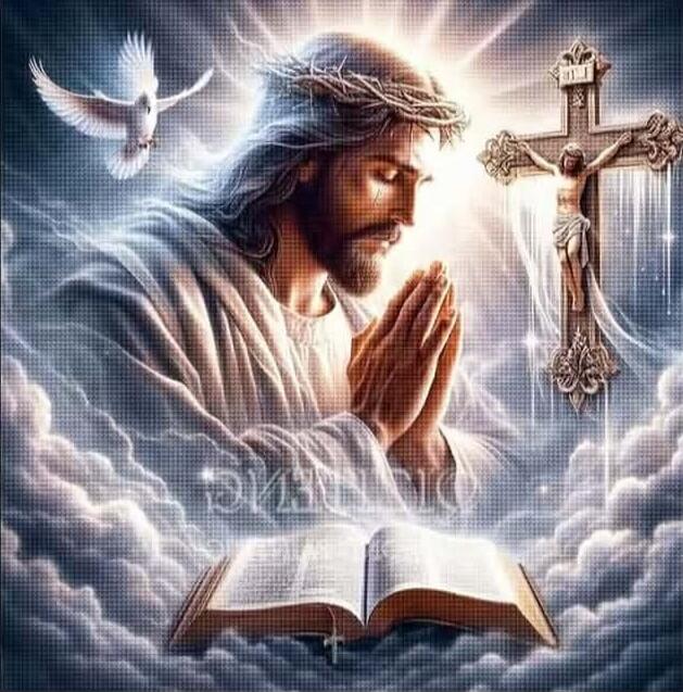 The image depicts Jesus Christ with his hands clasped in prayer, wearing a crown of thorns. A dove is flying above him, and a cross with Jesus on it is visible to the right. An open Bible rests below. The overall imagery is religious and serene.