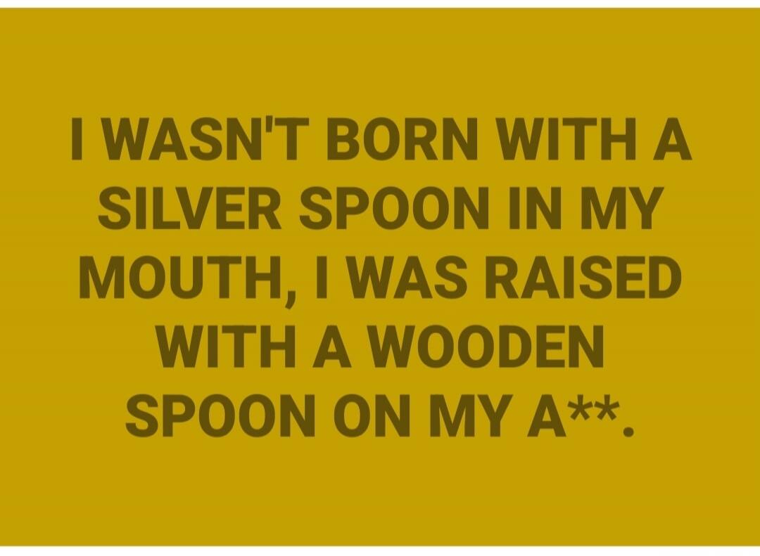 I WASN'T BORN WITH A SILVER SPOON IN MY MOUTH, I WAS RAISED WITH A WOODEN SPOON ON MY A**.