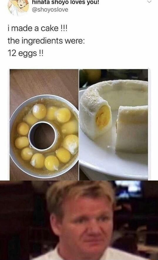 imade a cake the ingredients were 12 eggs H