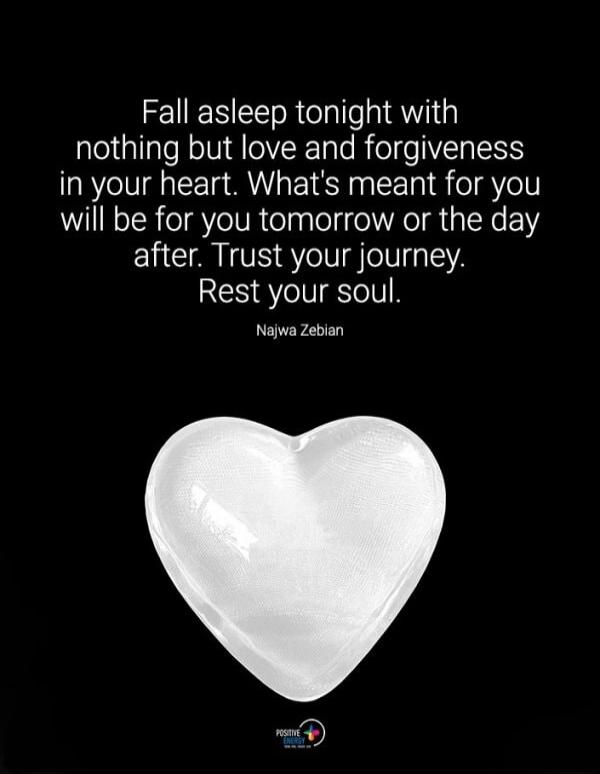Fall asleep tonight with nothing but love and forgiveness in your heart. What's meant for you will be for you tomorrow or the day after. Trust your journey. Rest your soul. Najwa Zebian