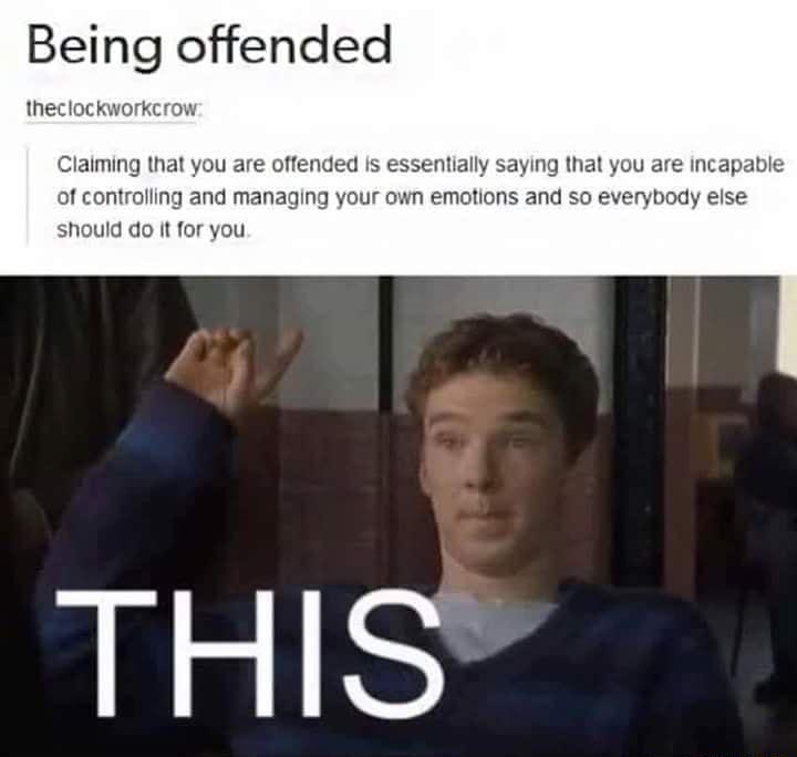 Being offended theclockworkcrow Claiming that you are offended is essentially saying that you are incapable of controlling and managing your own emotions and so everybody else should do it for you THIS