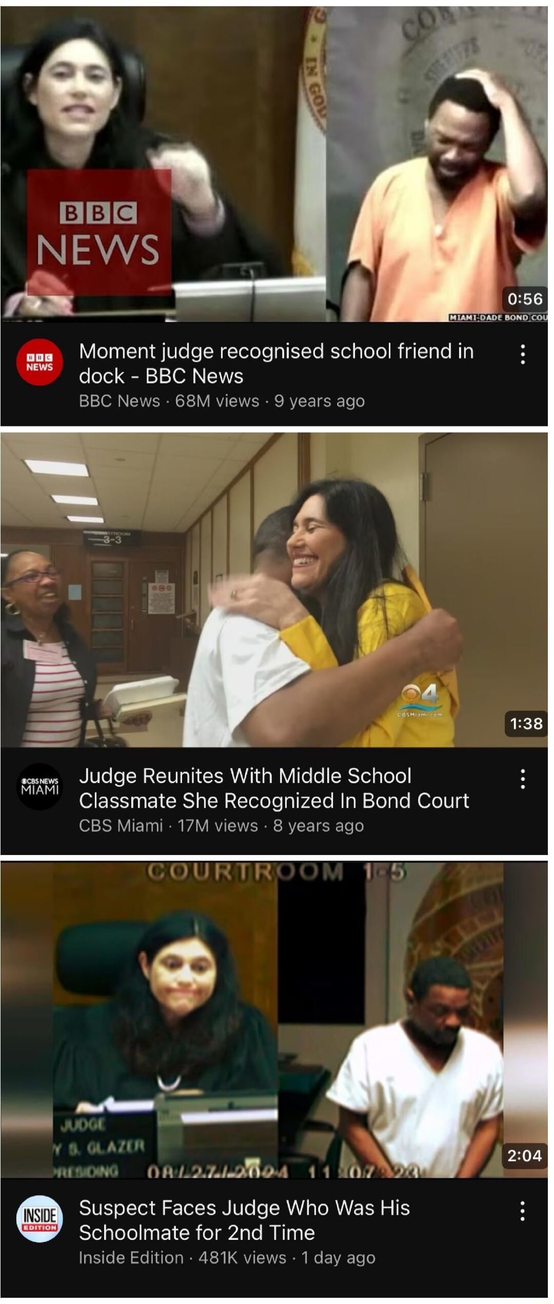 Moment judge recognised school friend in dock BBC News BBC News 68M views 9 years ago wmew Judge Reunites With Middle School Classmate She Recognized In Bond Court 17M views 8 years ago LRIV 11807 W ORL2LLBoA Suspect Faces Judge Who Was His Schoolmate for 2nd Time Inside Edition 481K views 1 day ago