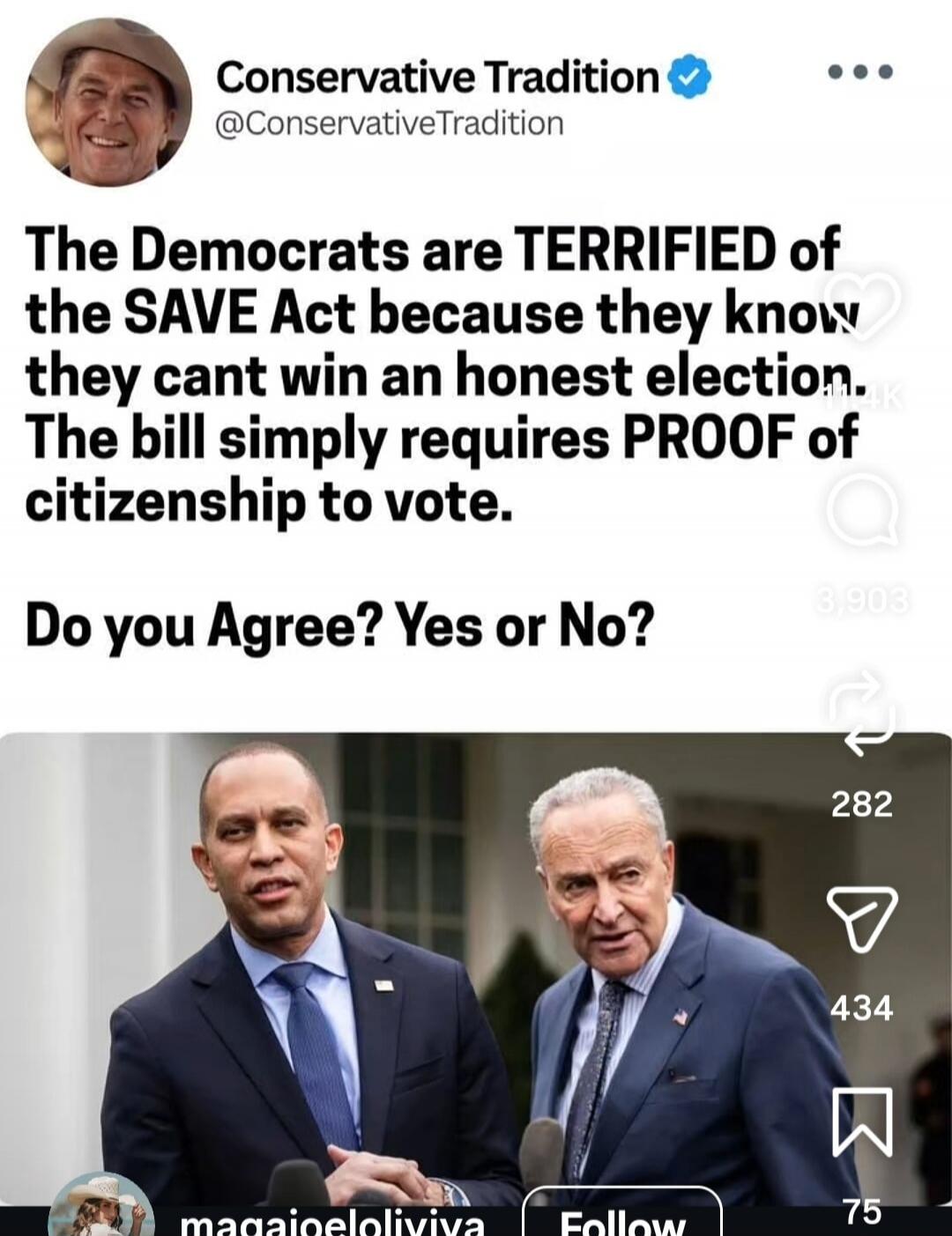 Conservative Tradition @ConservativeTradition The Democrats are TERRIFIED of the SAVE Act because they know they cant win an honest election. The bill simply requires PROOF of citizenship to vote. Do you Agree? Yes or No?