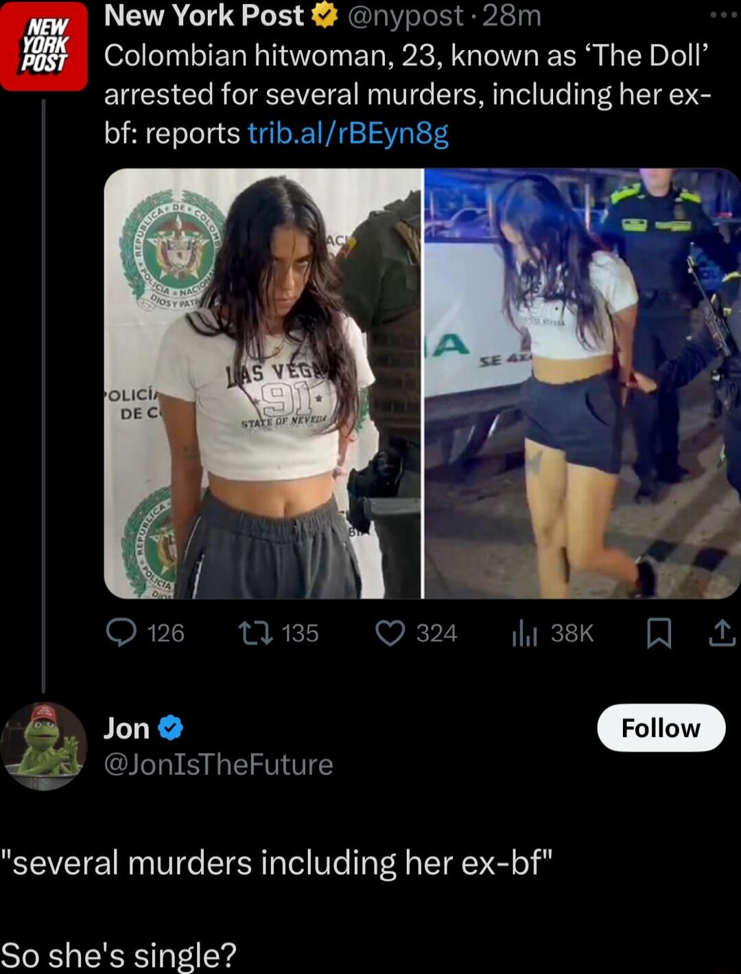 New York Post nypost 28m Colombian hitwoman 23 known as The Doll arrested for several murders including her ex bf reports tribalrBEyn8g Q1126 11135 Q34 hi3sk jone L8 lonisTheFuture several murders including her ex bf So shes single
