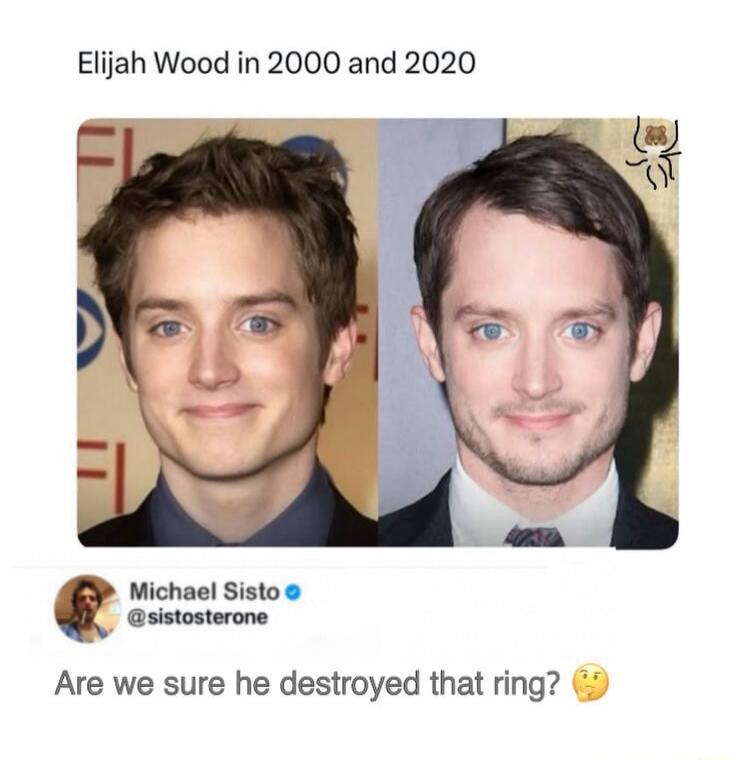 Elijah Wood in 2000 and 2020
[Two photos of Elijah Wood: young and older]
Michael Sisto @sistosterone
Are we sure he destroyed that ring? 🤔