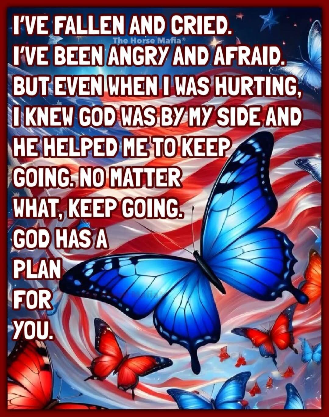 I'VE FALLEN AND CRIED. I'VE BEEN ANGRY AND AFRAID. BUT EVEN WHEN I WAS HURTING, I KNEW GOD WAS BY MY SIDE AND HE HELPED ME TO KEEP GOING. NO MATTER WHAT, KEEP GOING. GOD HAS A PLAN FOR YOU. The Horse Mafia®