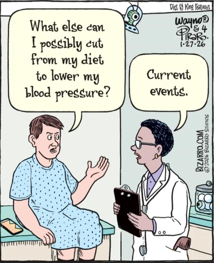 What else can I possibly cut from my diet to lower my blood pressure?
Current events.