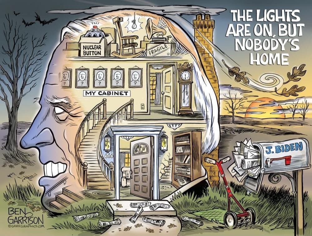 The cartoon depicts Joe Biden's head as a house. Text on the image reads: 'THE LIGHTS ARE ON, BUT NOBODY'S HOME', 'NUCLEAR BUTTON', 'MY CABINET', 'FRAGILE', 'J. BIDEN'. The artist's signature 'BEN GARRISON' and website 'GRRRGRAPHICS.COM' are also visible.