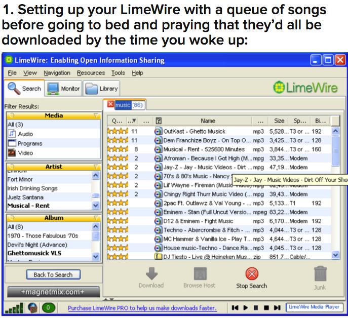 1 Setting up your LimeWire with a queue of songs before going to bed and praying that theyd all be downloaded by the time you woke up LimeWire Enabling Open Information Sharing Ele Vew Navgtin Besowces Lo Heb sowen oo g vy a0 8 Al 1970 Those Fabuous 705 I Devis Night Advance Ghettomusick VLS TN Name Sae 11 Ouast Ghetto Musick o3 5528 11 oem Franchize Boyz OnTop 0 g3 3425 Musicsi Rent 525600 Minute