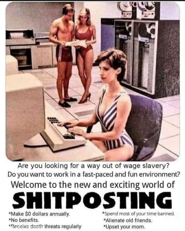 Are you looking for a way out of wage slavery Do you want to work in a fast paced and fun environment Welcome to the new and exciting world of SHITPOSTING Make S0 dollars annually No benefits Aeceive Spend most of your time banned Alienate old friends threats regularly Upset your mom